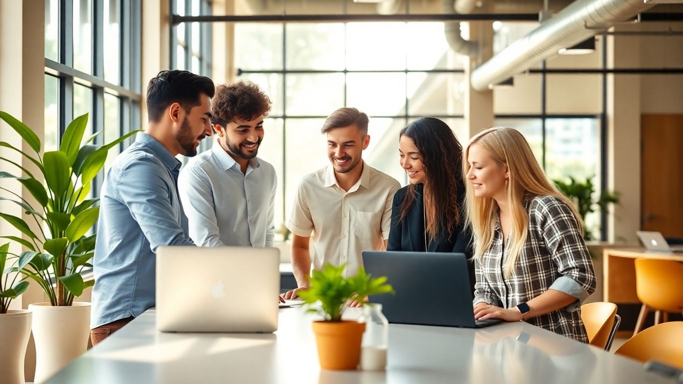 Entrepreneurs collaborating in a modern innovation park.