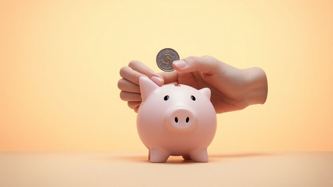 Hand adding coin to piggy bank, coins doubling.
