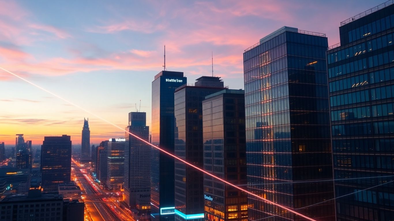 Smart city skyline with glowing tech connections.