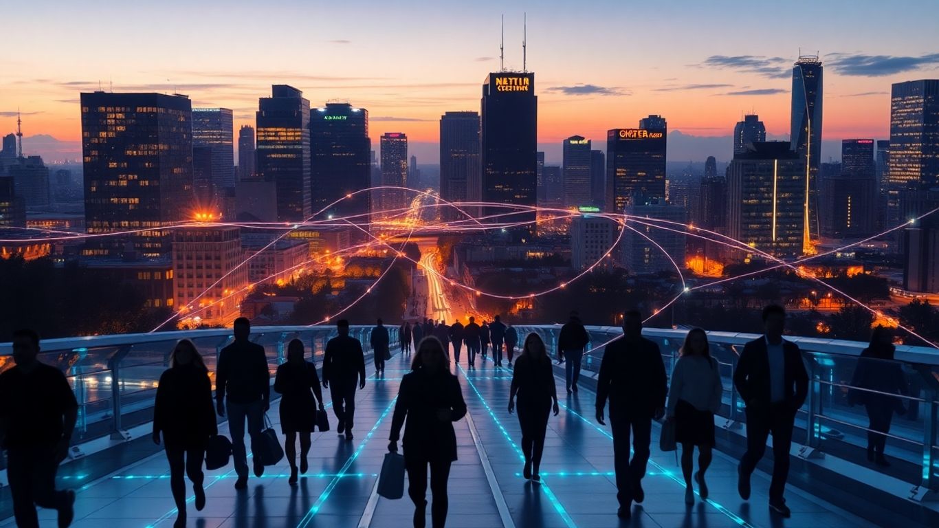 Smart city with glowing connections and people.
