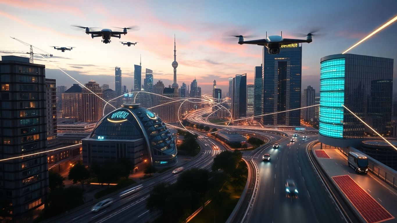 Futuristic cityscape with glowing connections and autonomous vehicles.