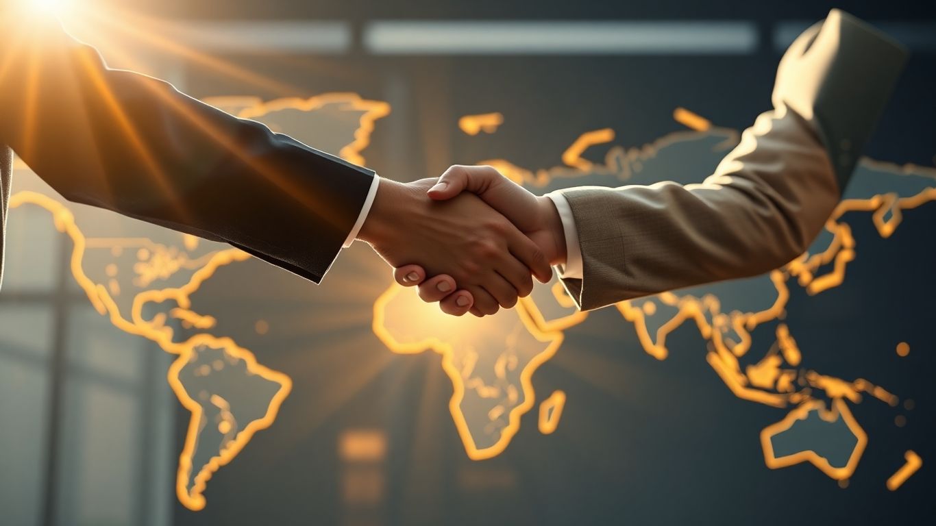 Business handshake with global expansion map.