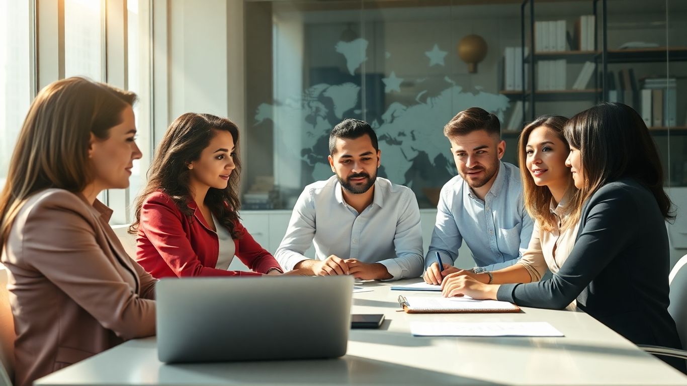 Business professionals planning global expansion with government funding.