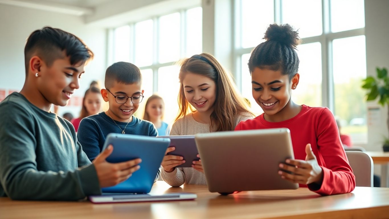 Students using tablets in a modern, sunlit classroom.