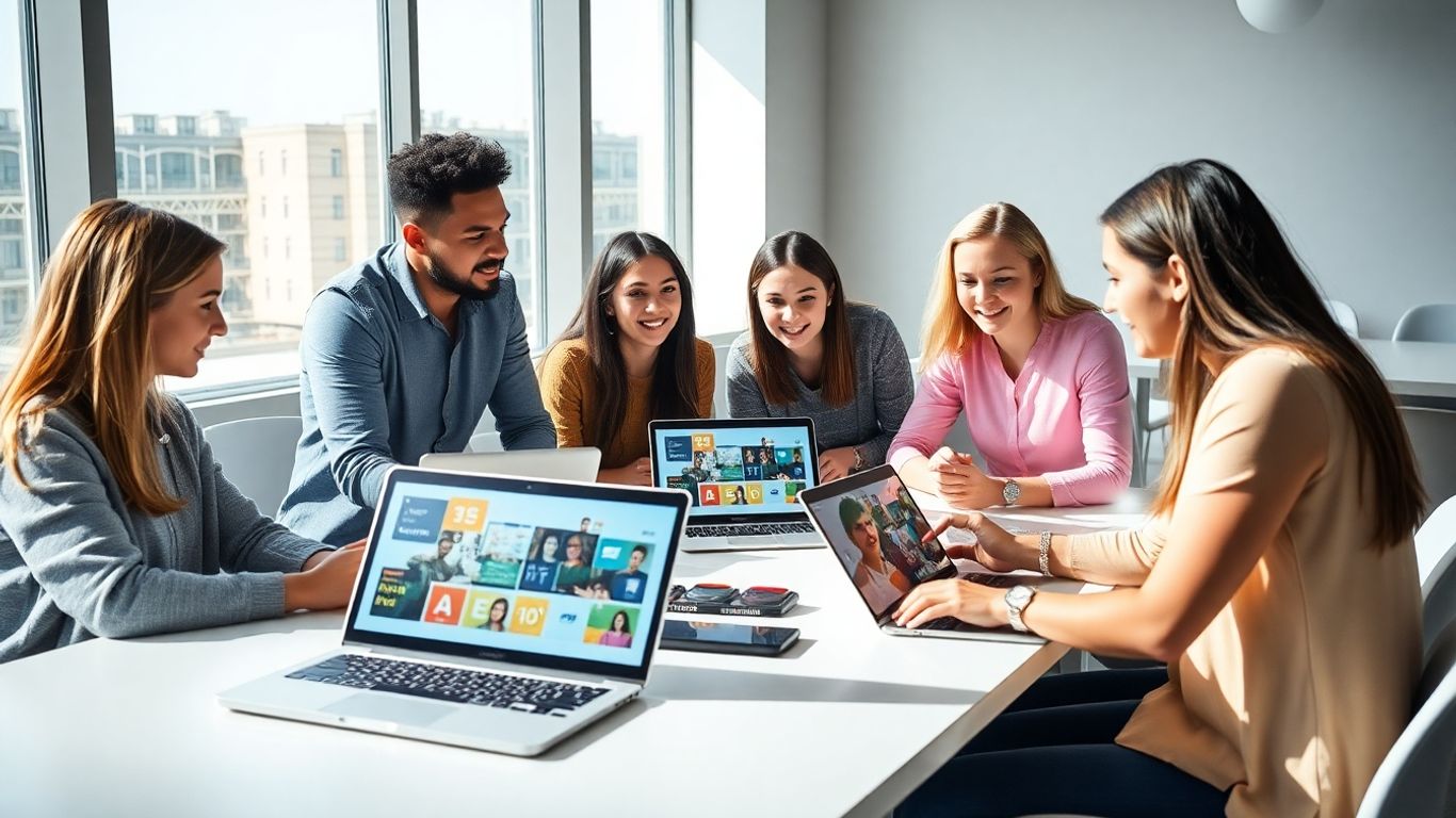 EdTech startup team working with laptops and tablets.