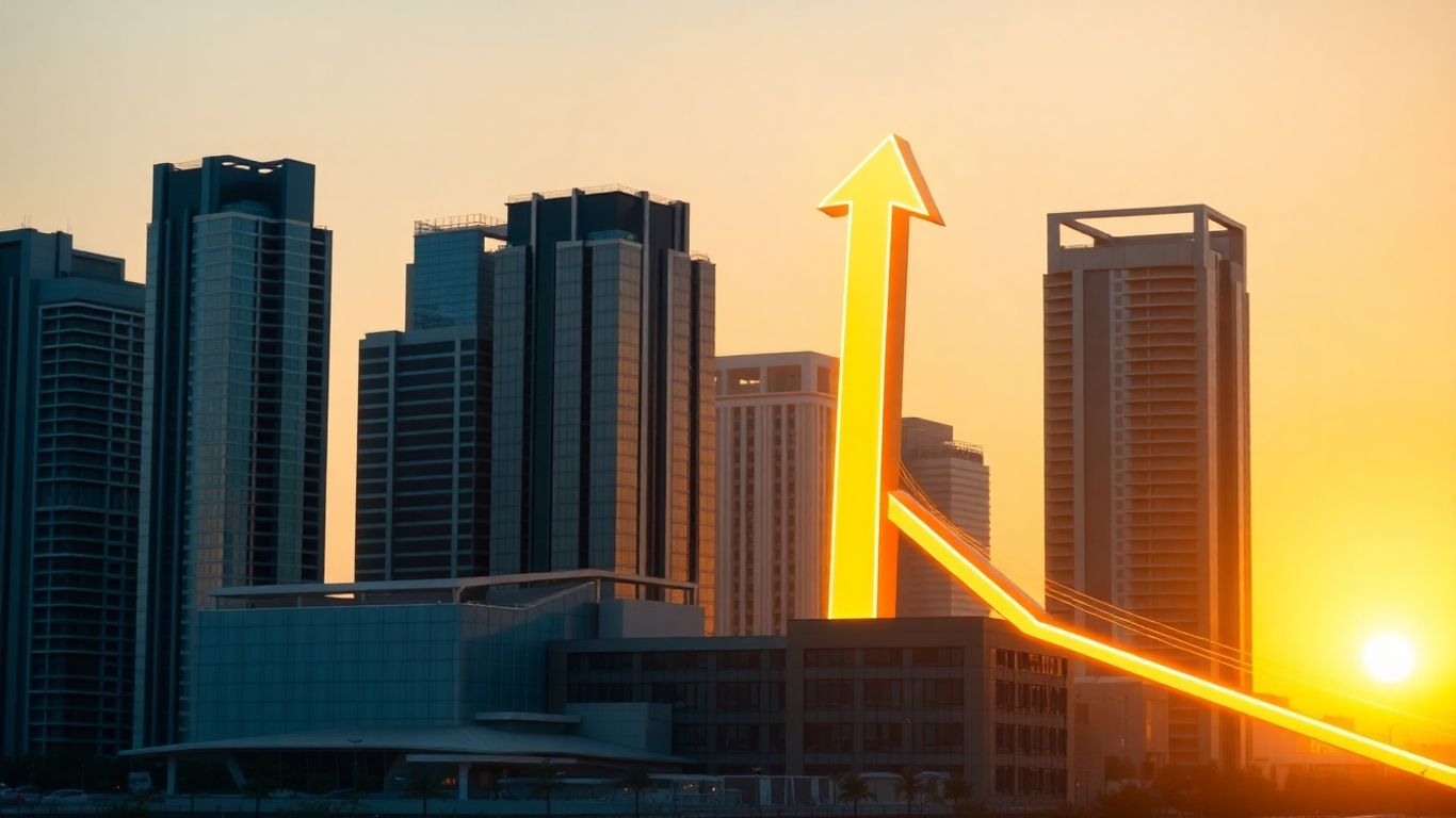 UAE skyline with glowing upward growth arrow.