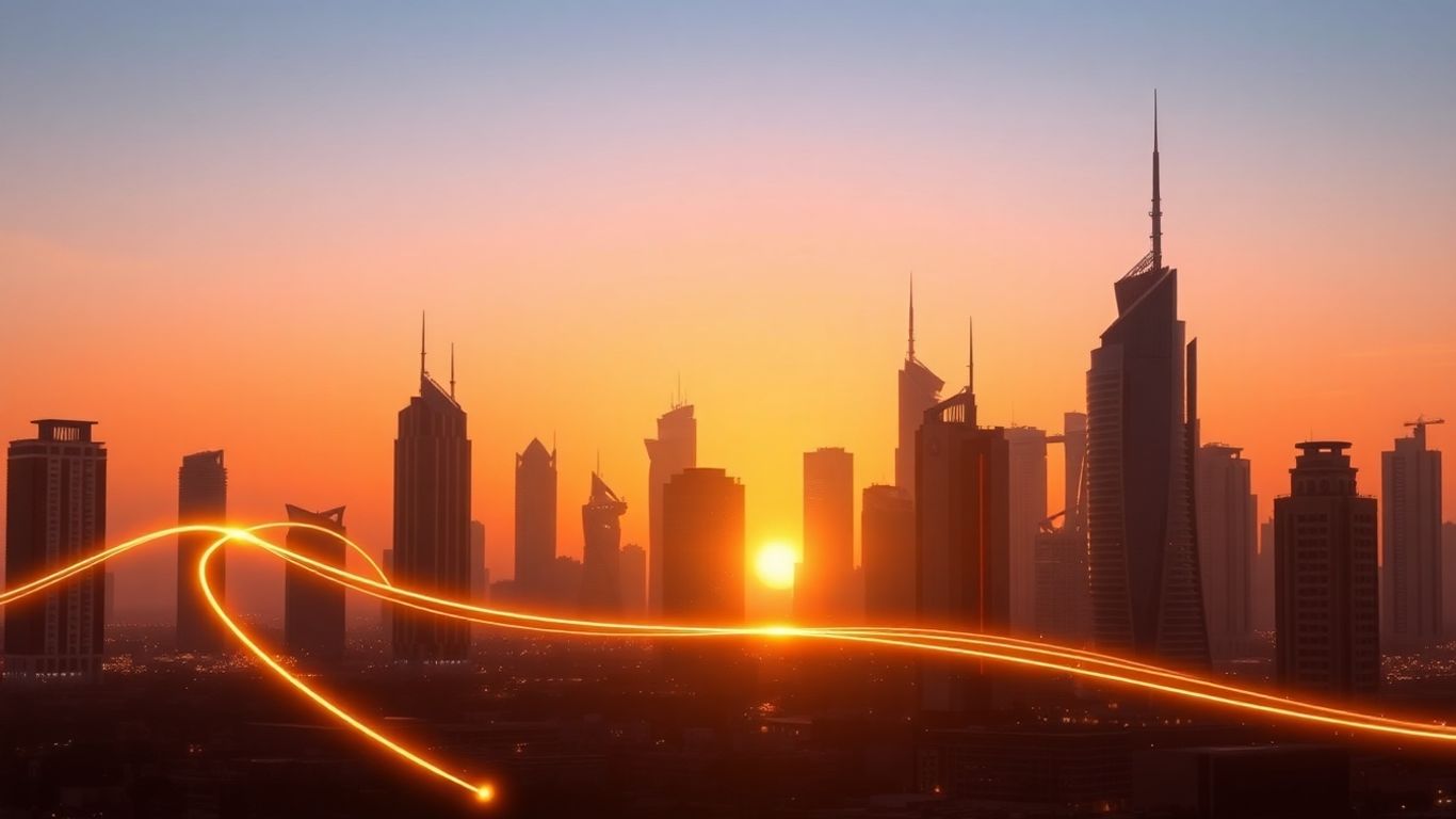 UAE skyline with glowing light trails connecting startups.