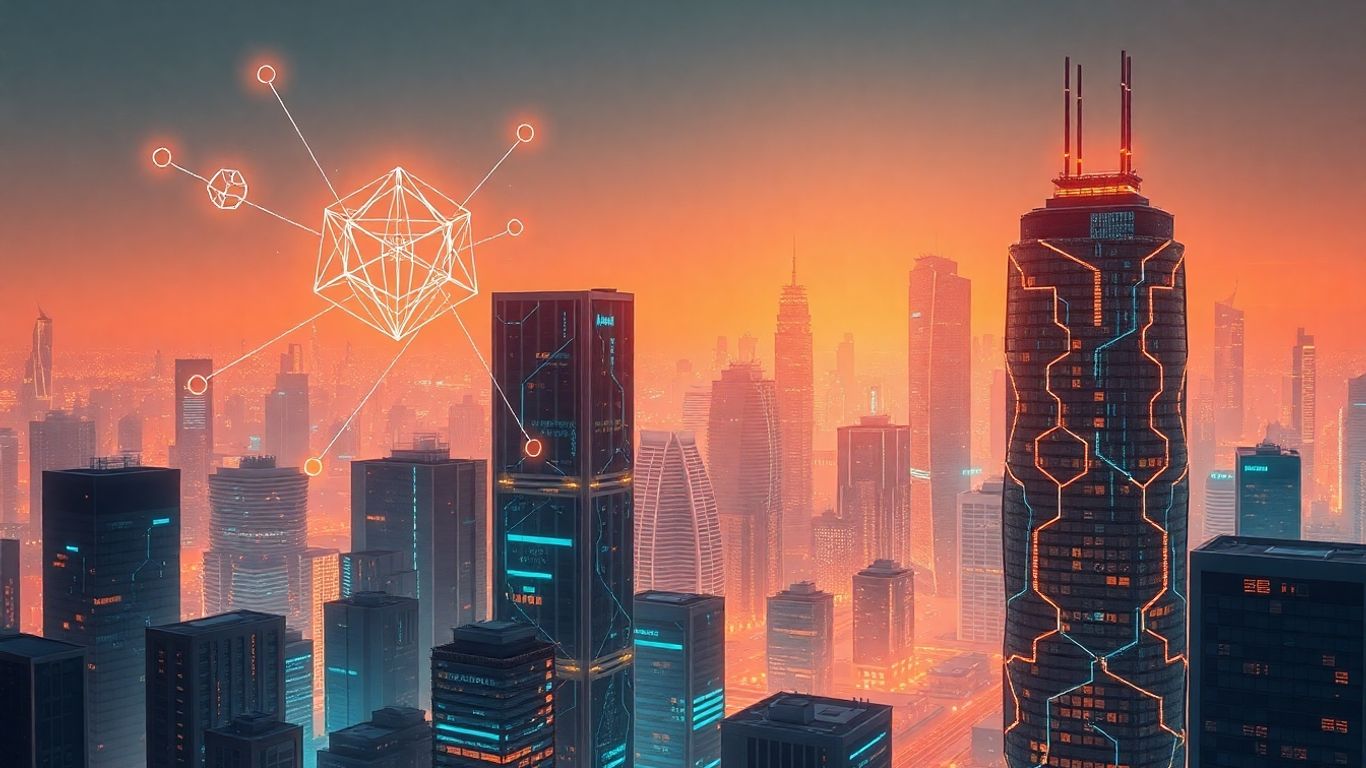 Futuristic cityscape with quantum circuits and AI networks.