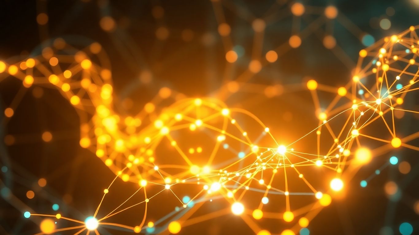Abstract quantum circuits and AI neural networks glowing.