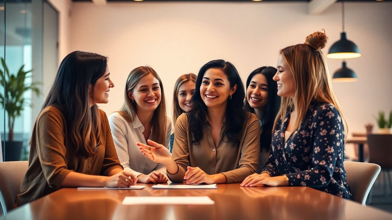 Women entrepreneurs collaborating in a modern, bright office setting.