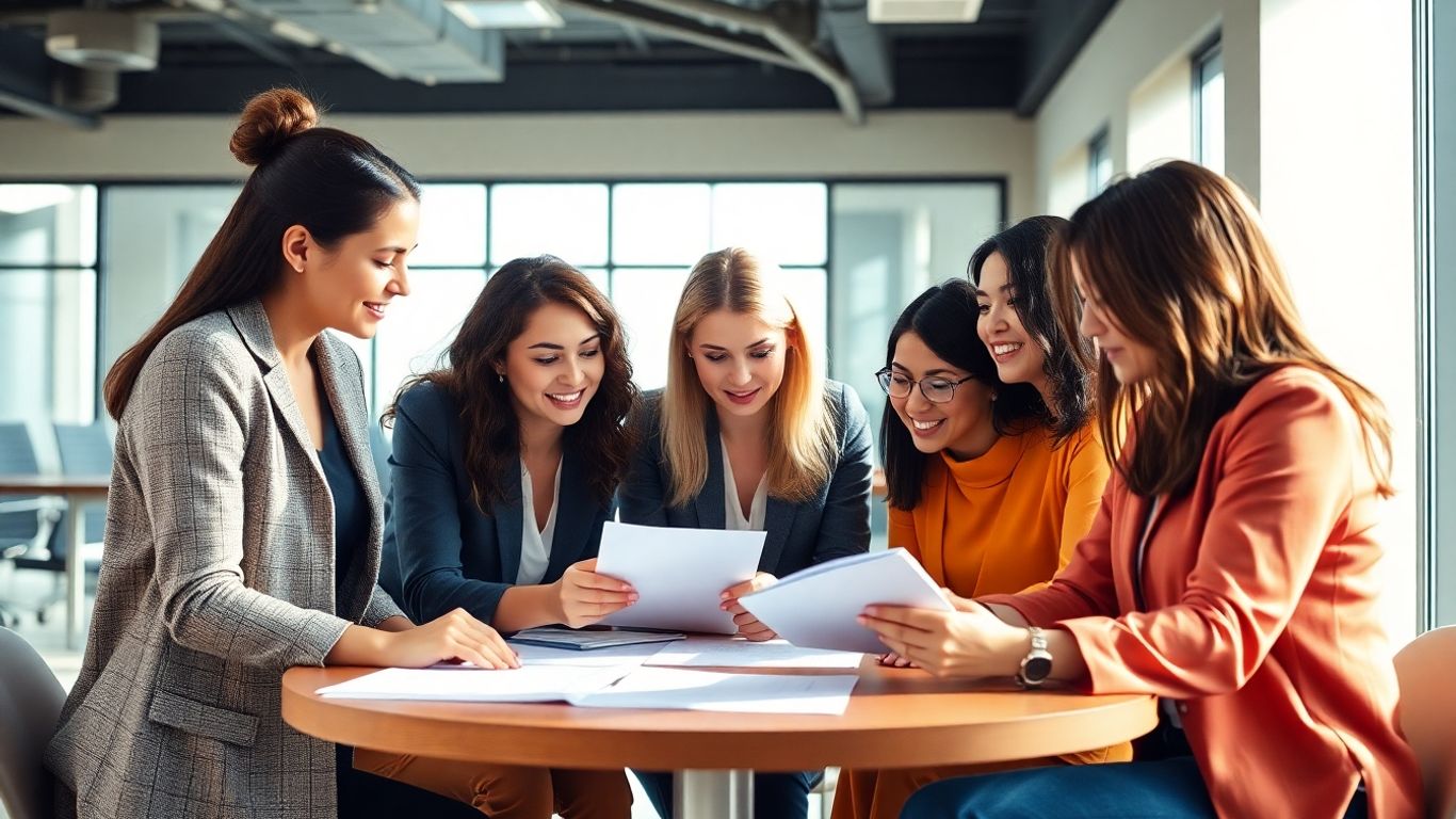 Women entrepreneurs discussing business plans in a modern office.