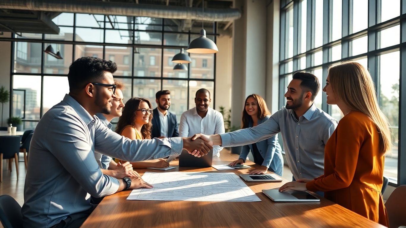 Founders shaking hands in a modern office.