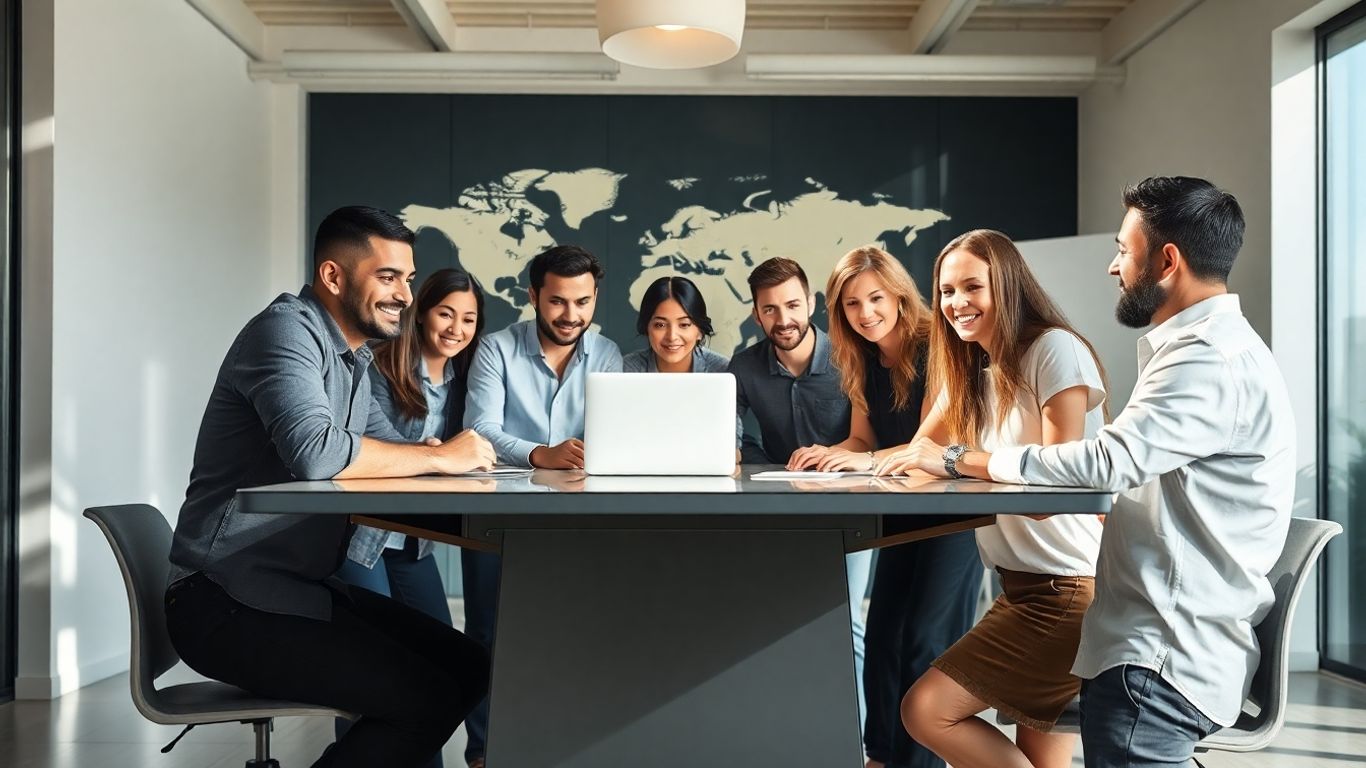 Entrepreneurs collaborating in a modern office with global map.