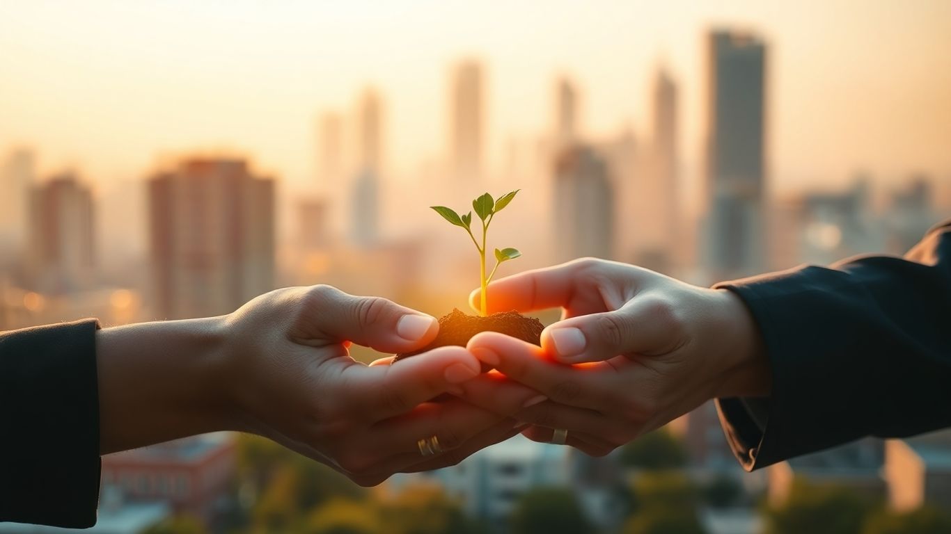 Hands exchanging a glowing seedling with a cityscape background.