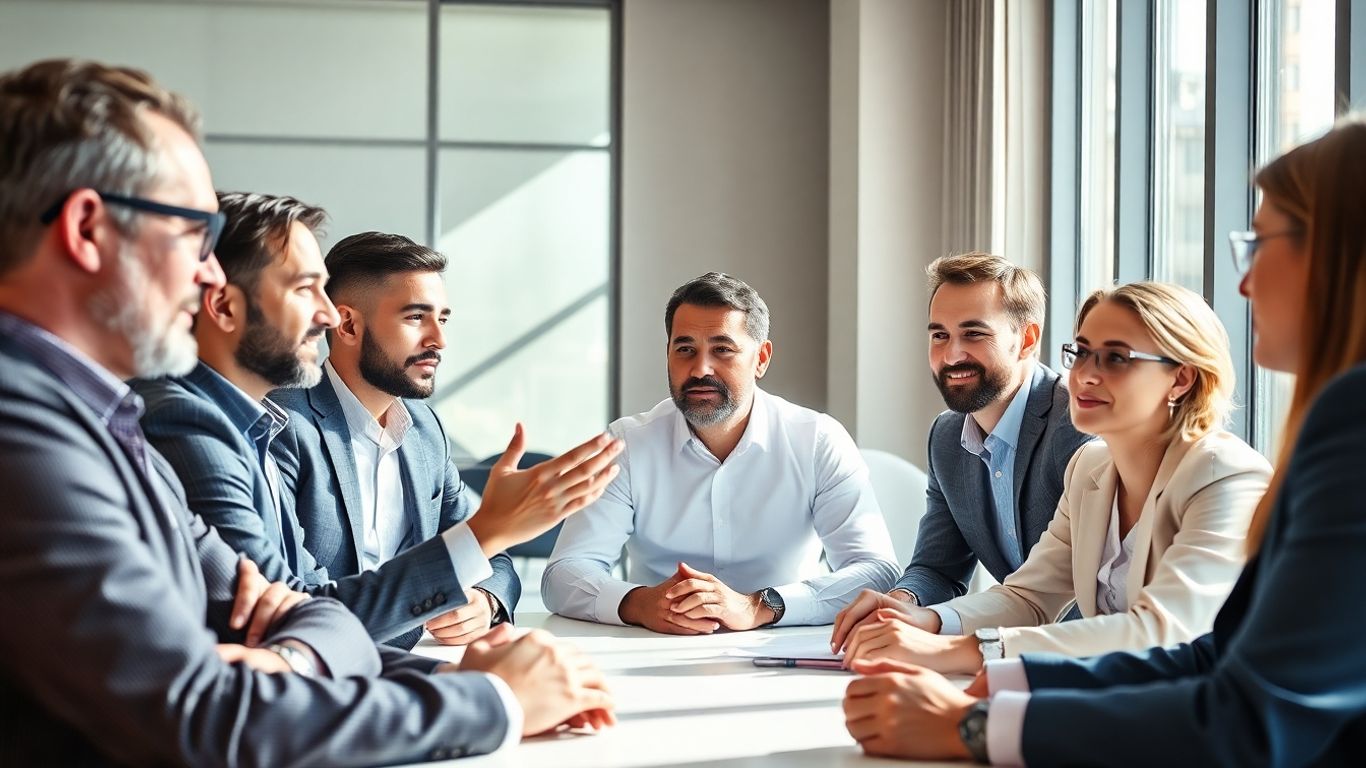 Investors discussing funding opportunities in a modern office.