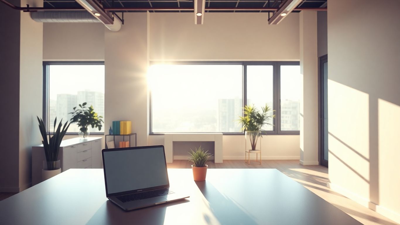 Modern office interior with warm lighting and a potted plant.