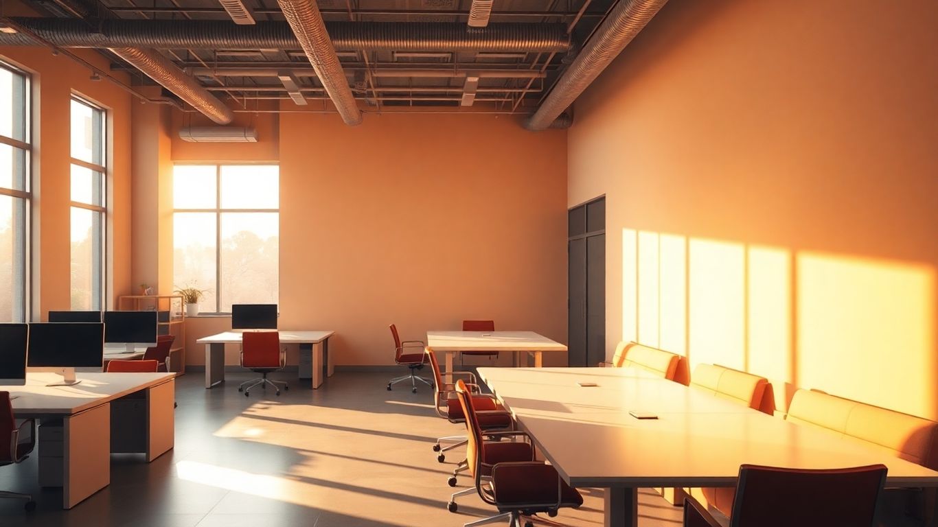 Modern office interior with warm sunlight and comfortable seating.