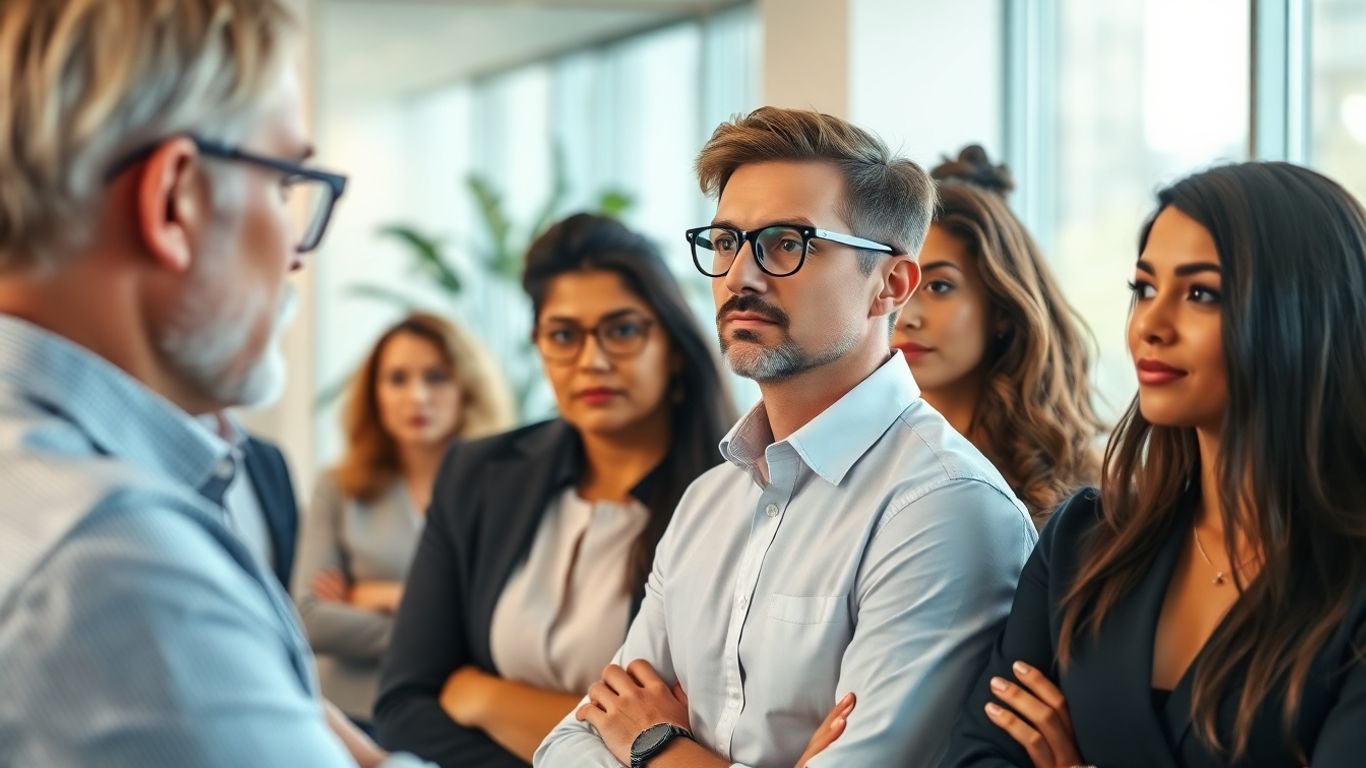 Investors listening intently in a modern office.