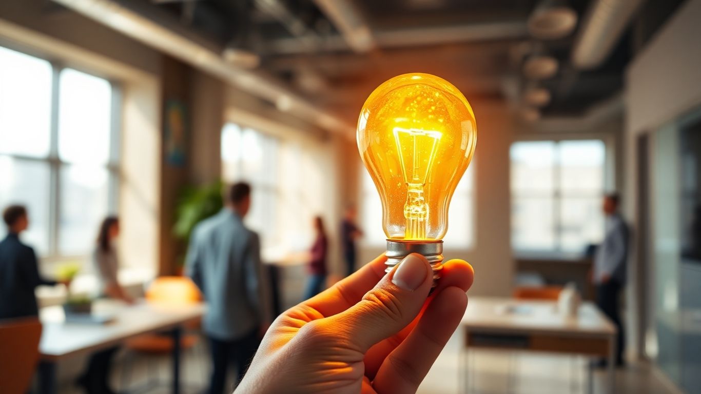 Hand holding a glowing lightbulb, symbolizing innovation and ideas.