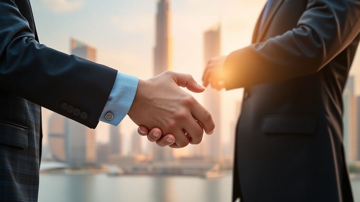 Handshake over Dubai skyline, SAFT agreement concept.