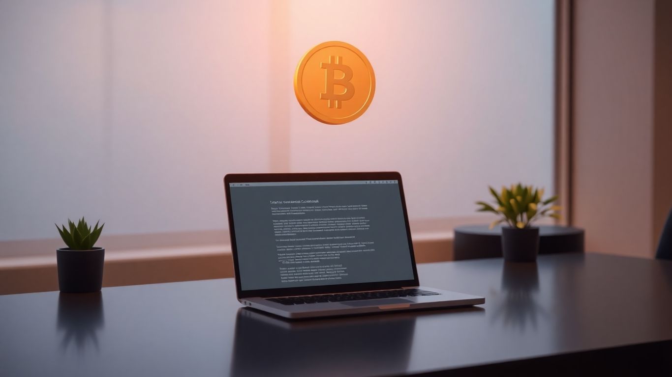 Modern desk with laptop and abstract token graphic.