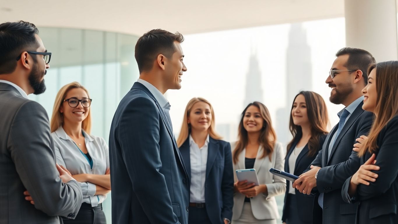 Dubai investors networking in a modern office.