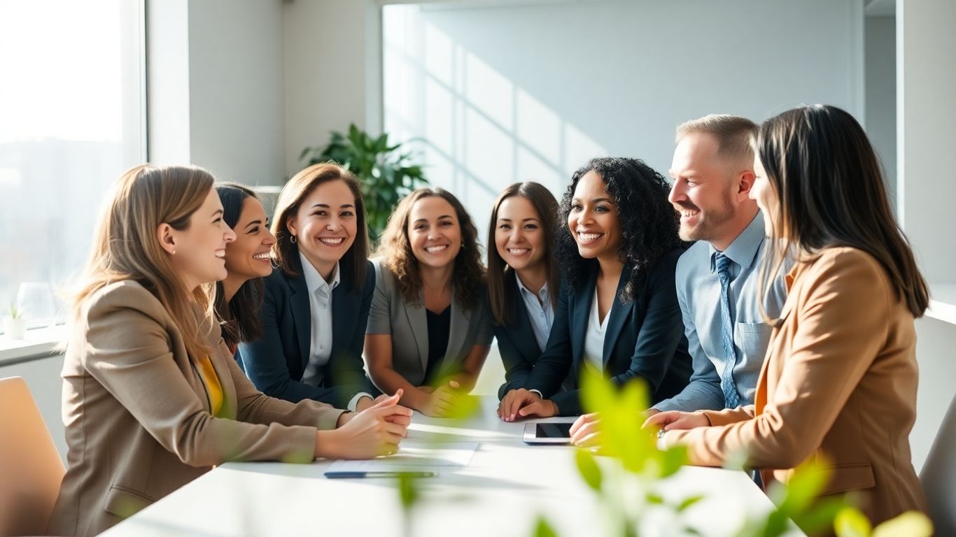 Diverse group discussing investment opportunities in a modern office.
