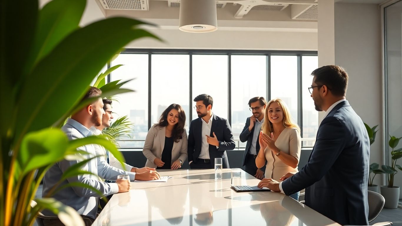 Dubai professionals networking in a modern office.