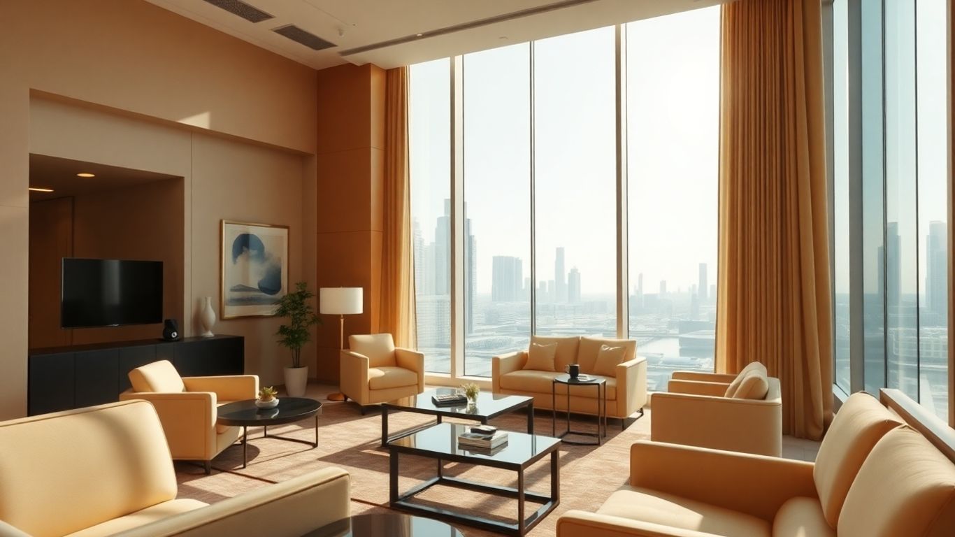 Abu Dhabi skyline and modern office interior.