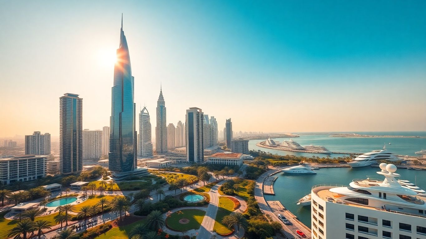 Abu Dhabi skyline with skyscrapers and waterfront.
