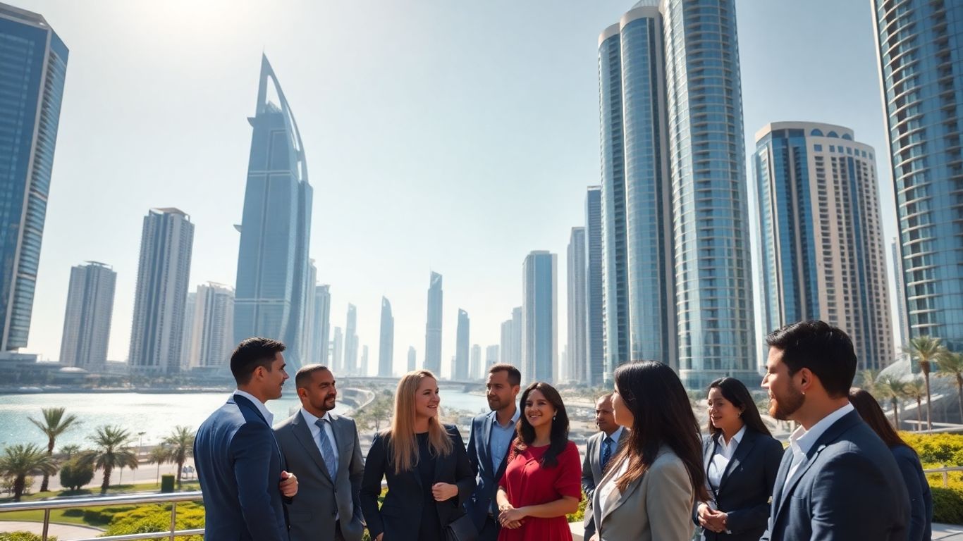 Abu Dhabi skyline and prosperous investors