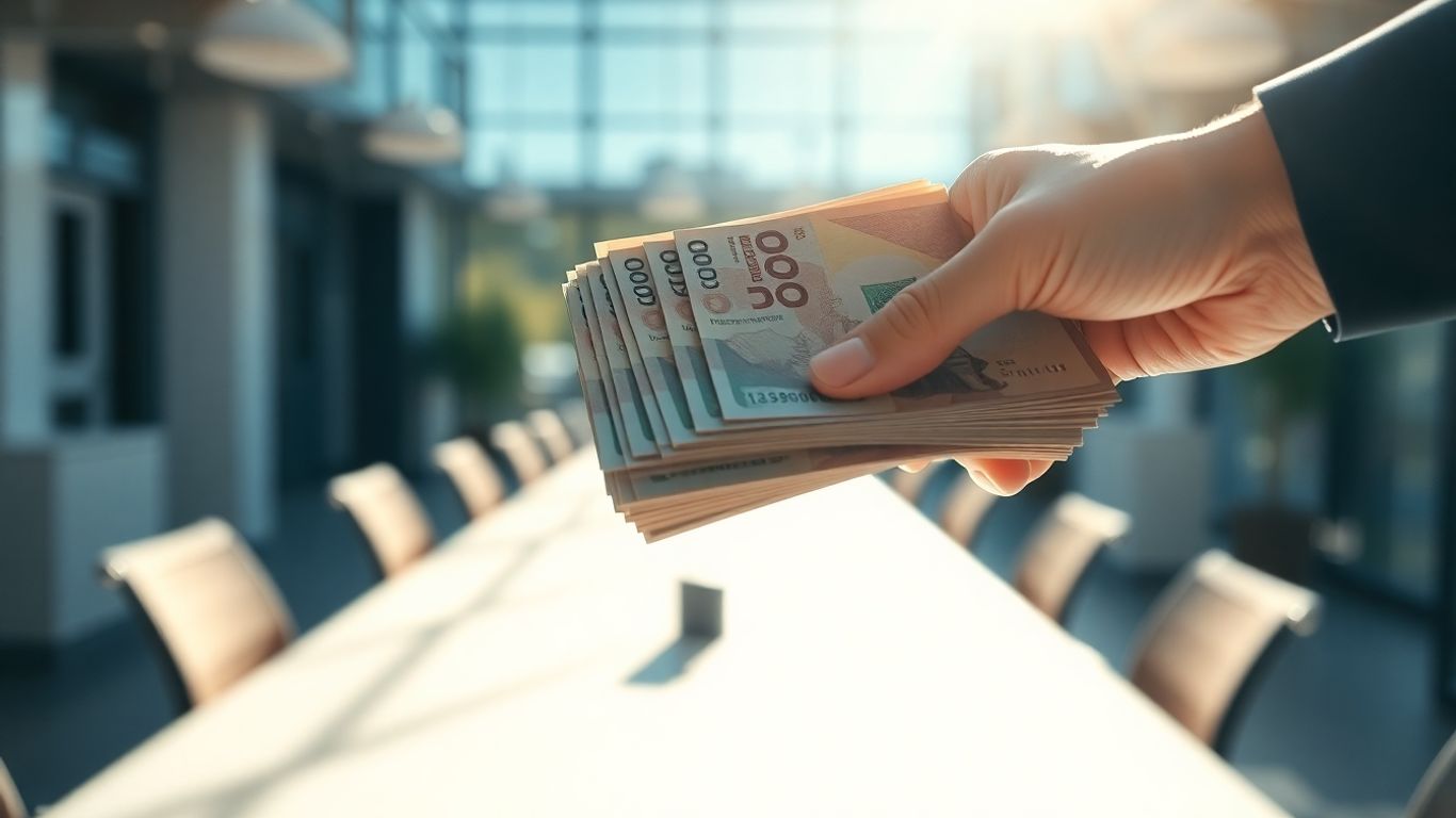 Founder receiving angel investment returns, money, modern office.