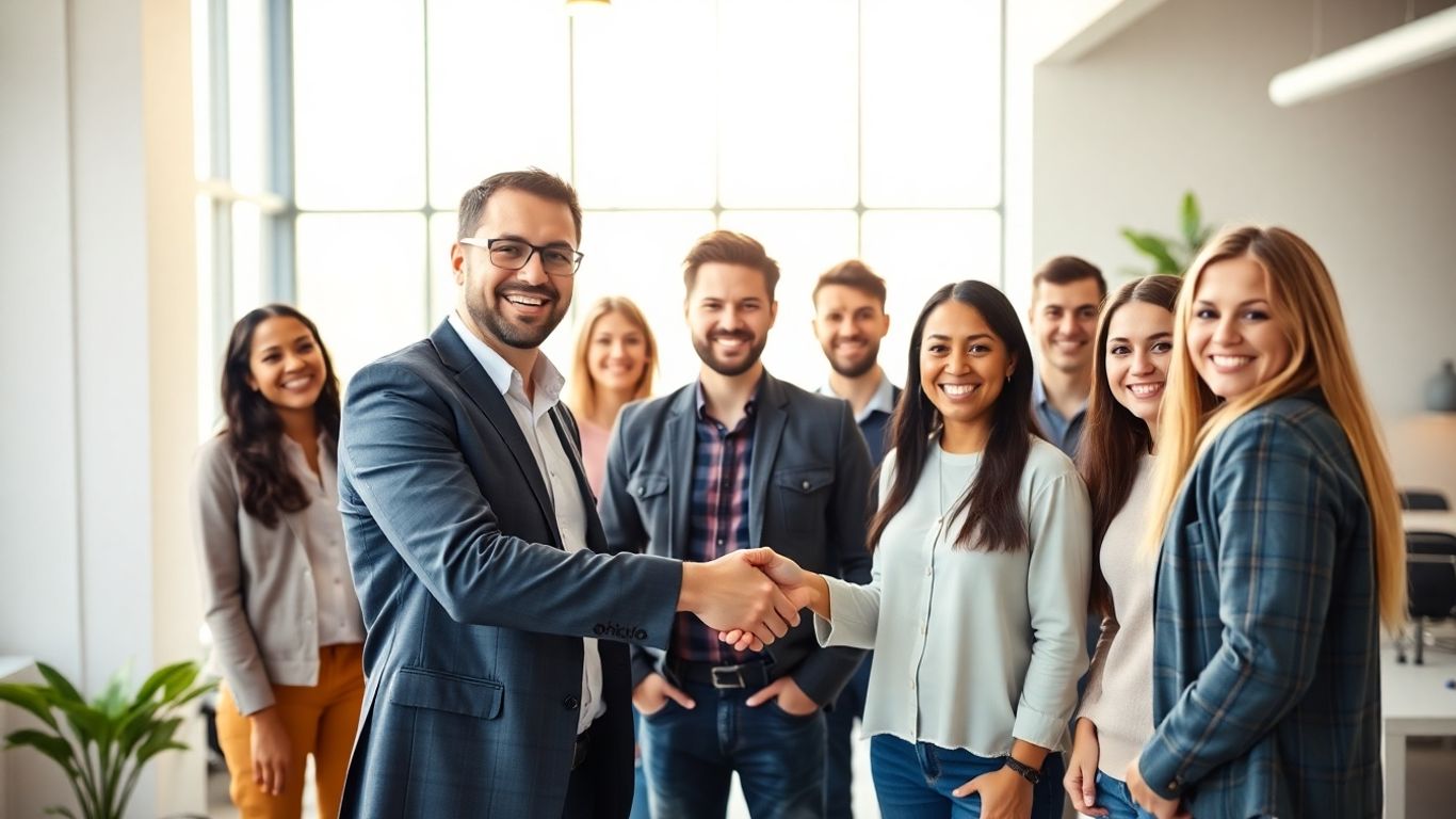 Founders and investors shaking hands in a modern office.