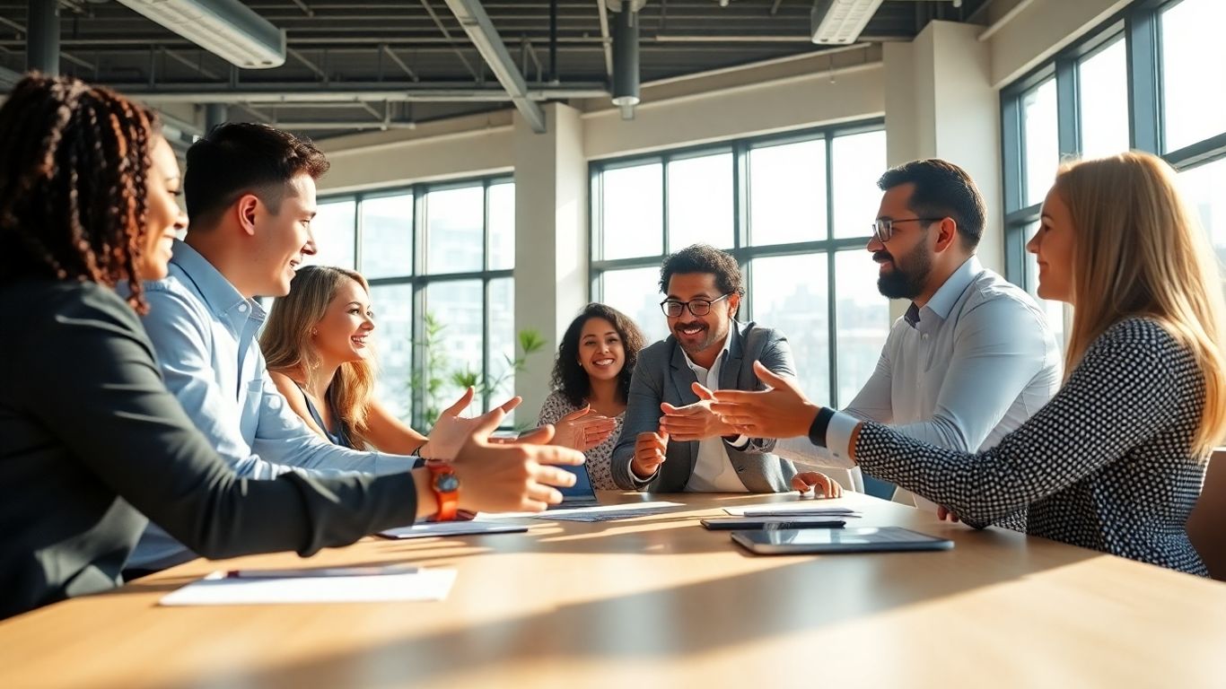 Team collaborating in a bright, modern office.