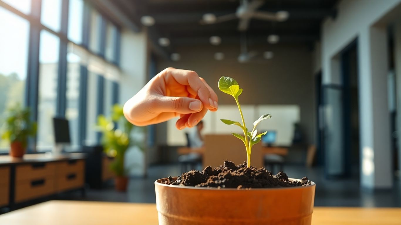Seedling growing in soil, symbolizing startup growth.