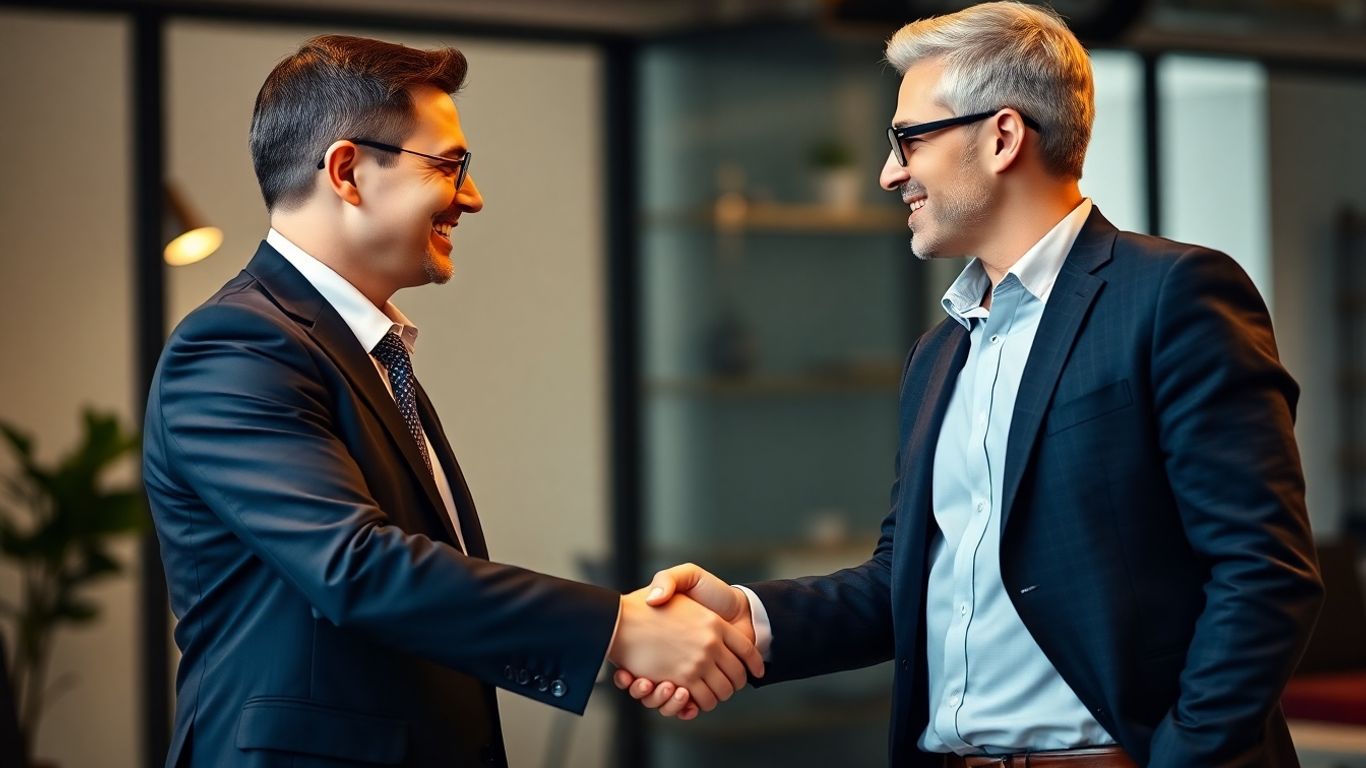 Handshake between investor and entrepreneur, modern office.