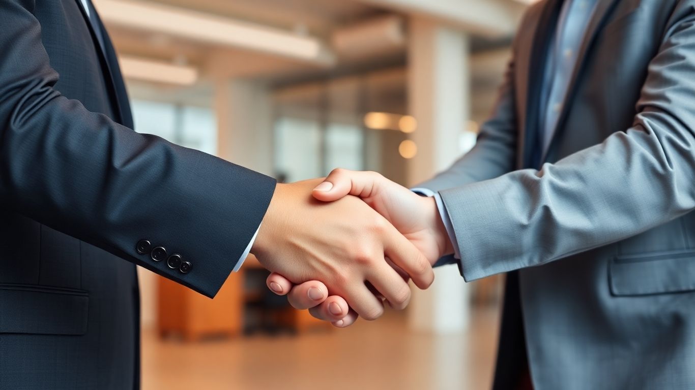 Investor and entrepreneur shaking hands in a modern office.
