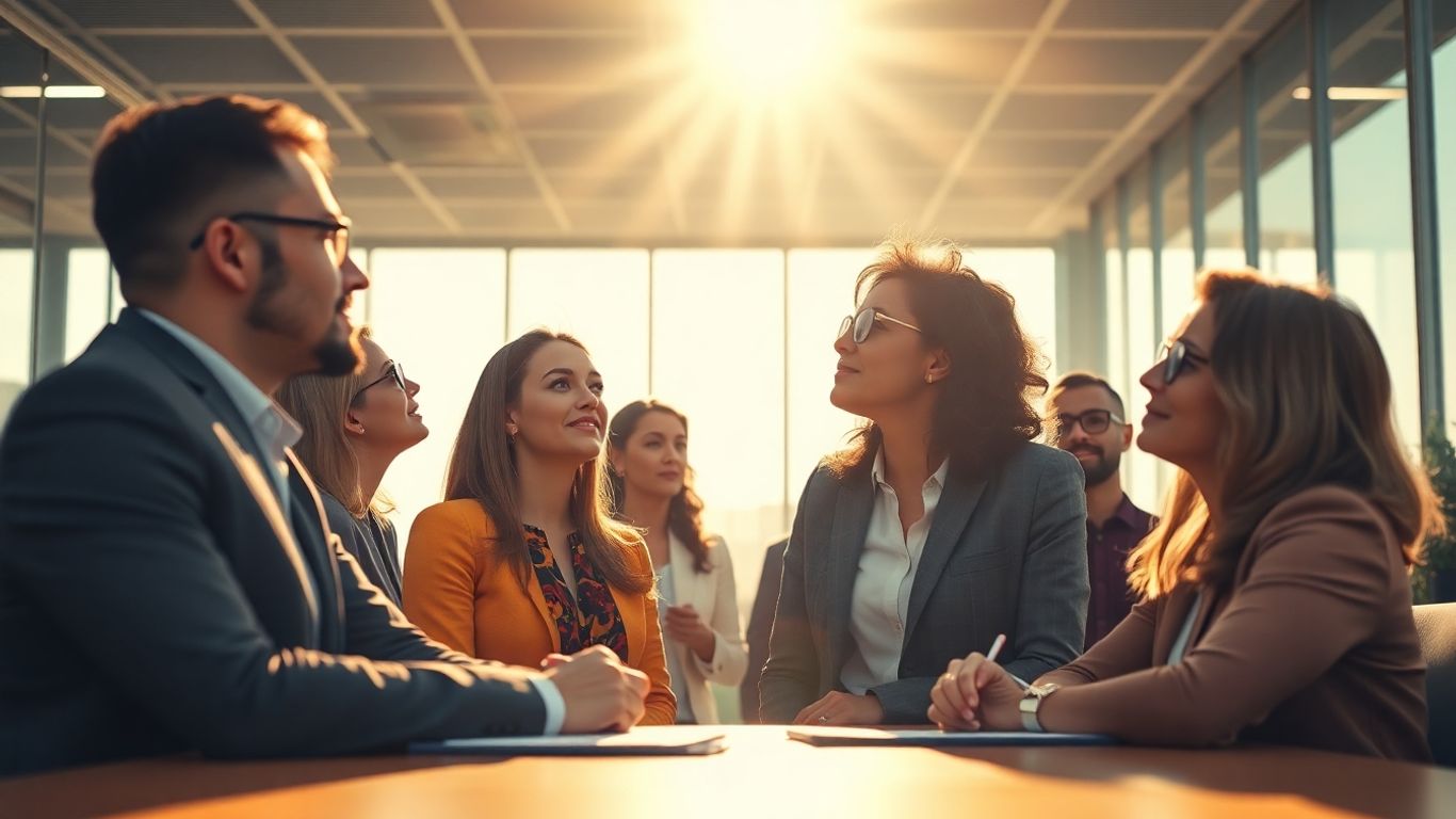 Business professionals looking towards a bright future.