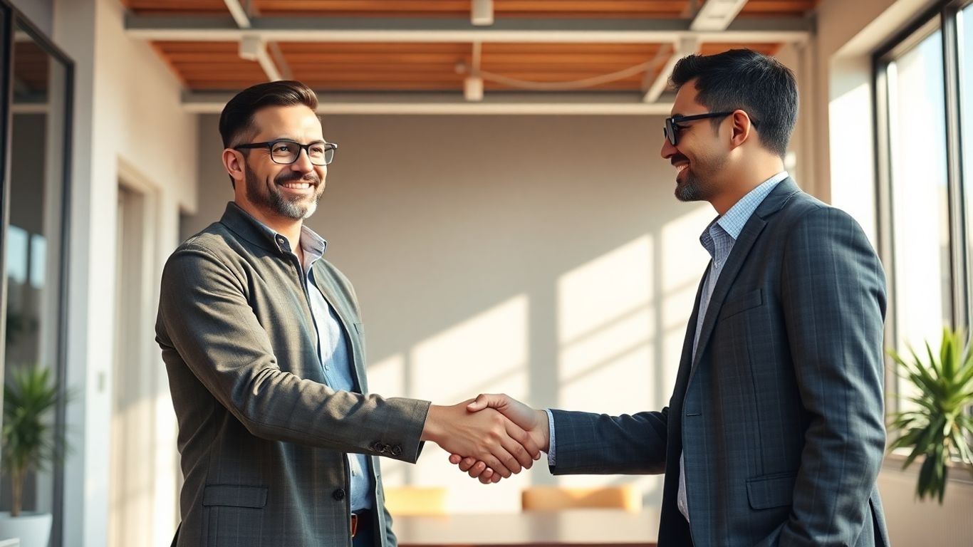 Investor and founder shaking hands in a modern office.