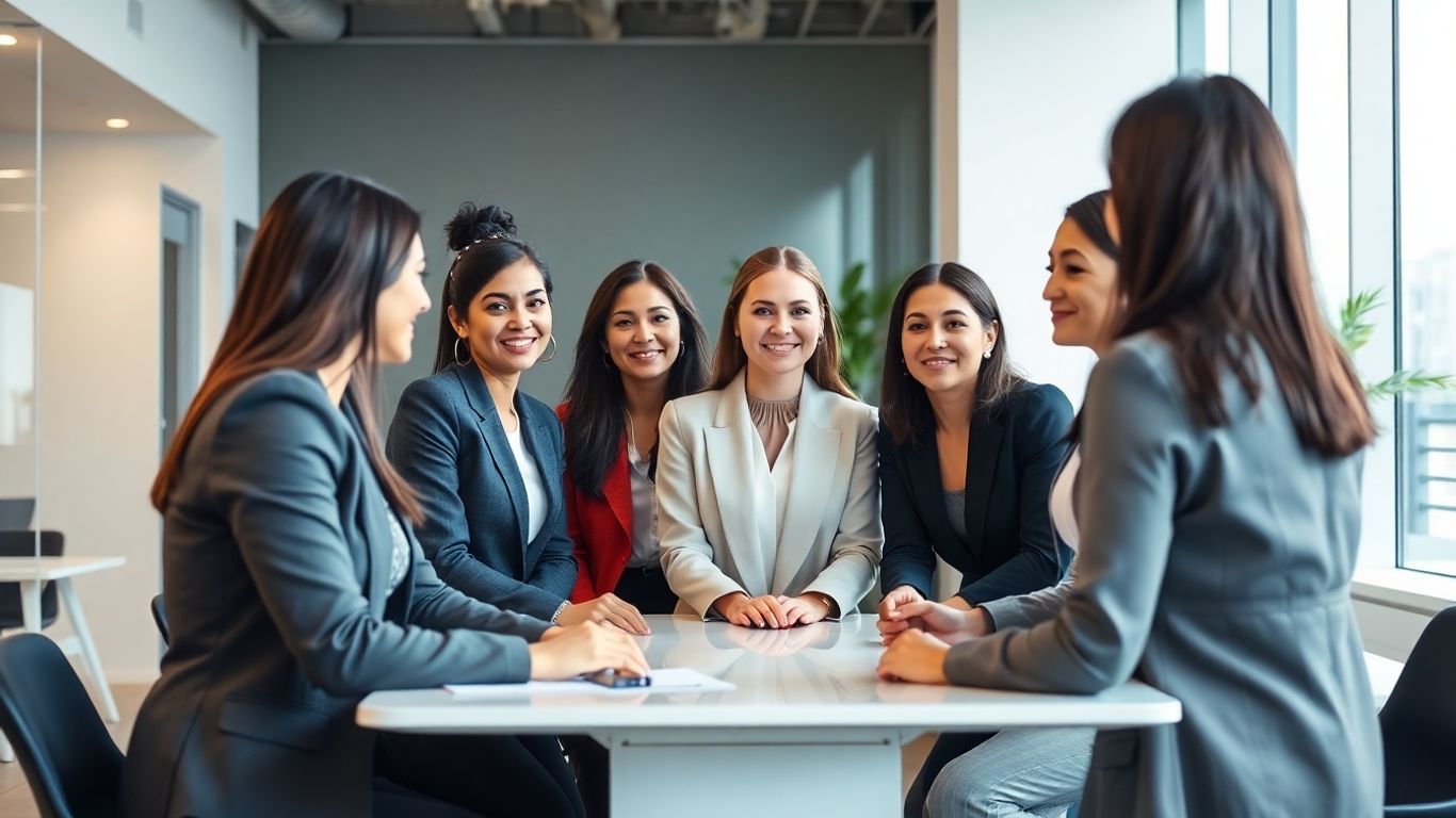 Diverse women investors collaborating in a modern office.