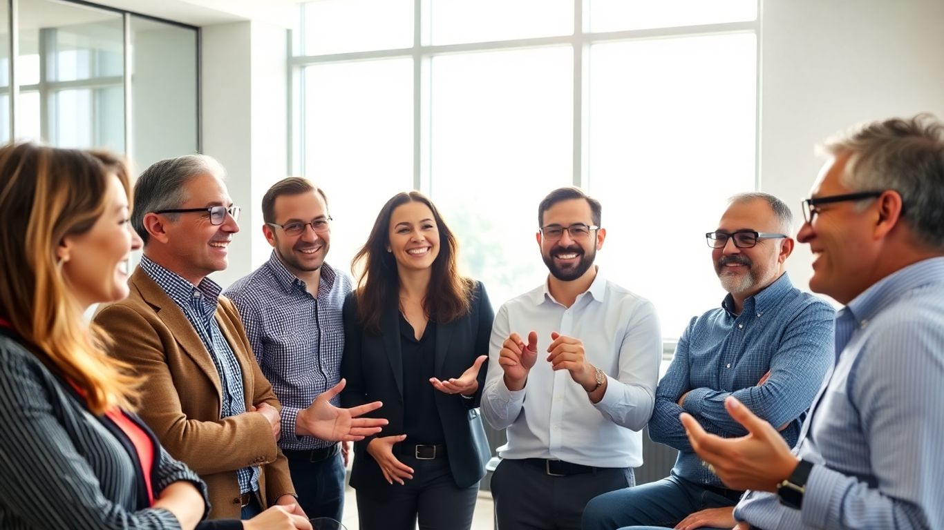 Experienced investors discussing in a modern meeting room.