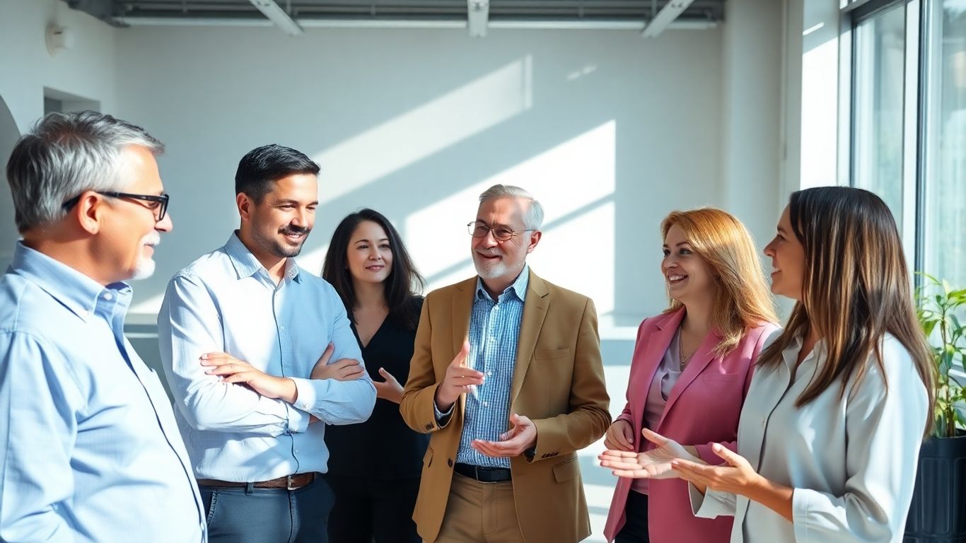 Experienced investors in a modern office discussing ideas.
