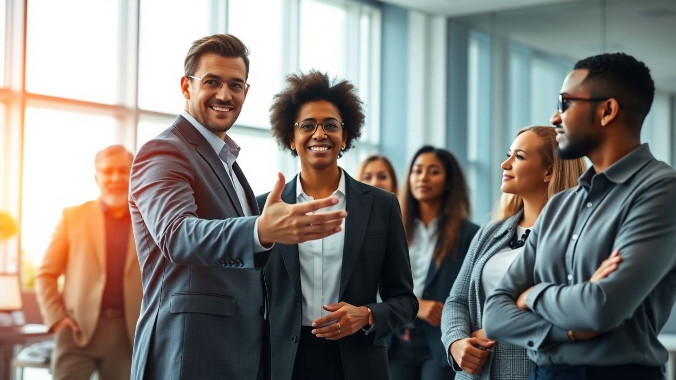 VC firm professionals discussing investment strategies in a modern office.