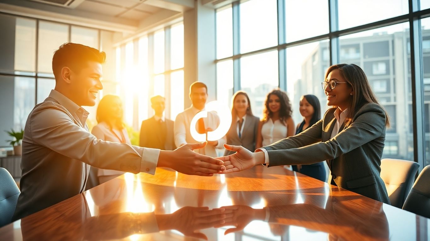 Venture capital professionals collaborating in a modern office.