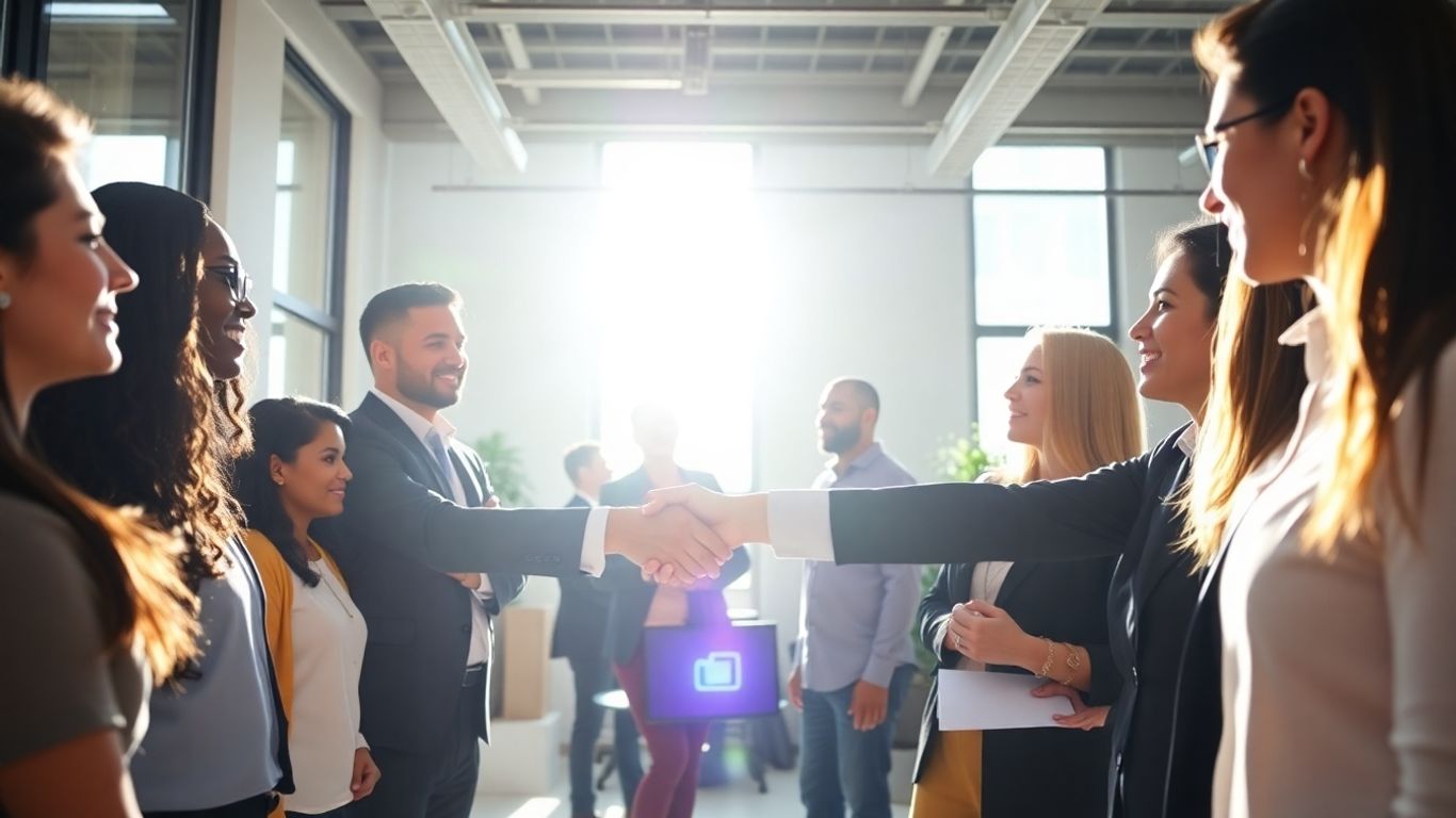 UAE angel investors shaking hands in a modern office.