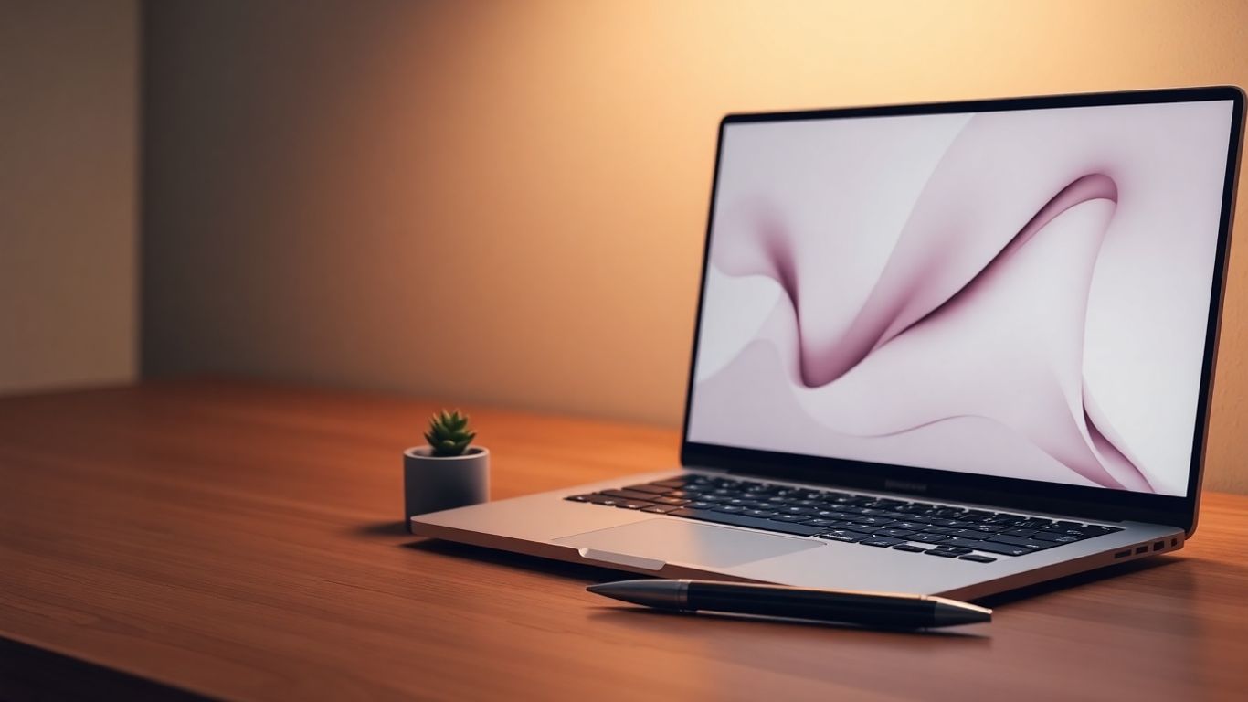 Modern desk with laptop and succulent plant.