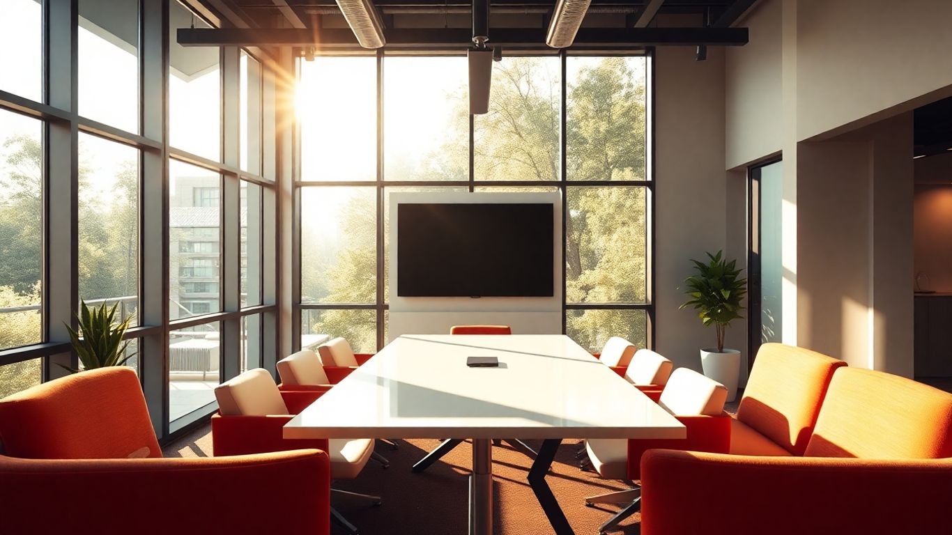 Modern venture capital office interior with natural light.