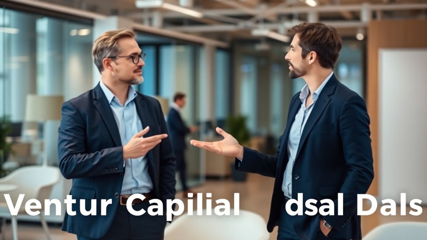 Founders discussing VC funding in a modern office.