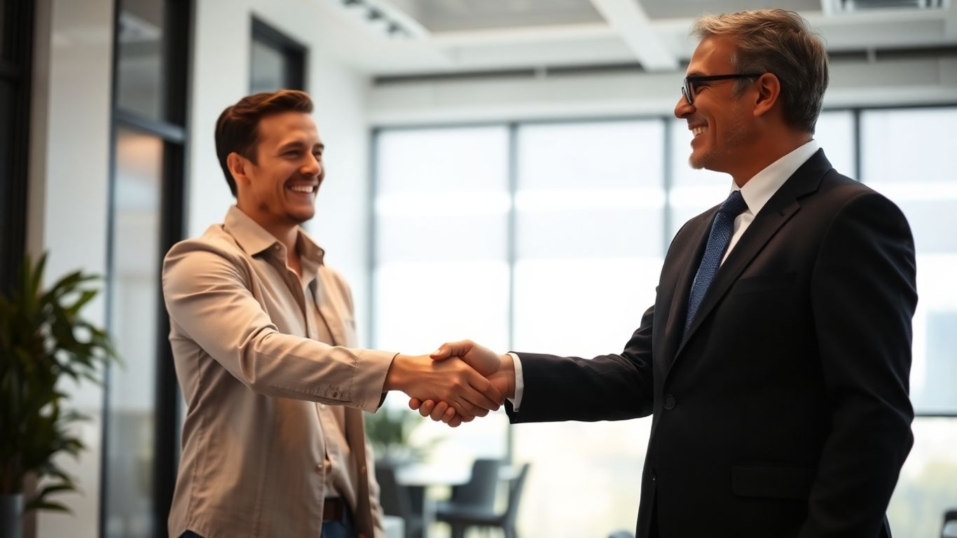Startup founder shaking hands with VC investor in office.