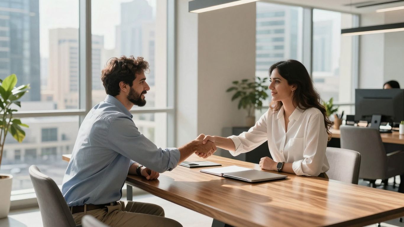 UAE professionals shaking hands in a modern office.